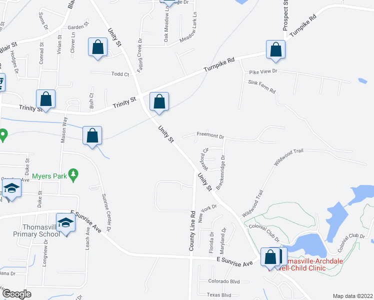 map of restaurants, bars, coffee shops, grocery stores, and more near 1434 Unity Street in Thomasville