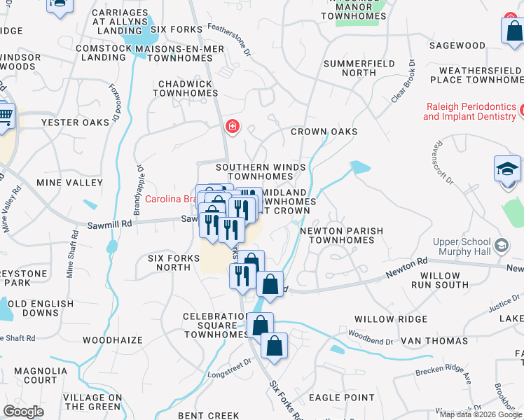 map of restaurants, bars, coffee shops, grocery stores, and more near 7511 Mourning Dove Road in Raleigh