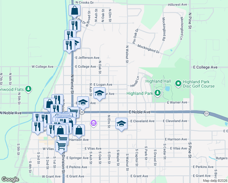 map of restaurants, bars, coffee shops, grocery stores, and more near 522 North Maple Street in Guthrie