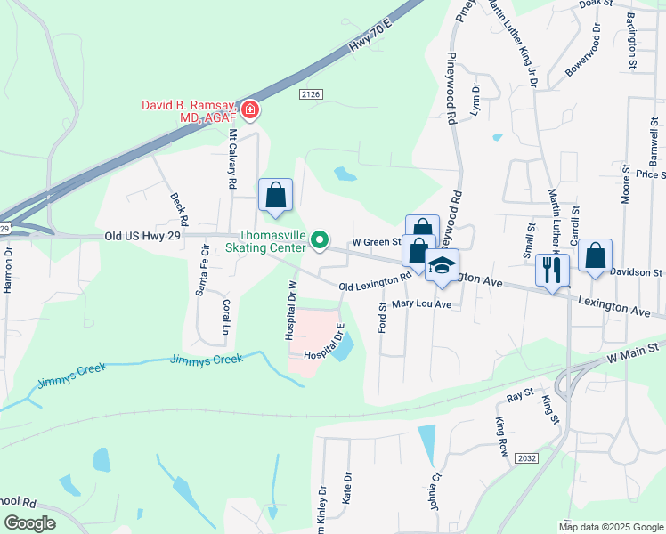 map of restaurants, bars, coffee shops, grocery stores, and more near Holliman Street in Thomasville