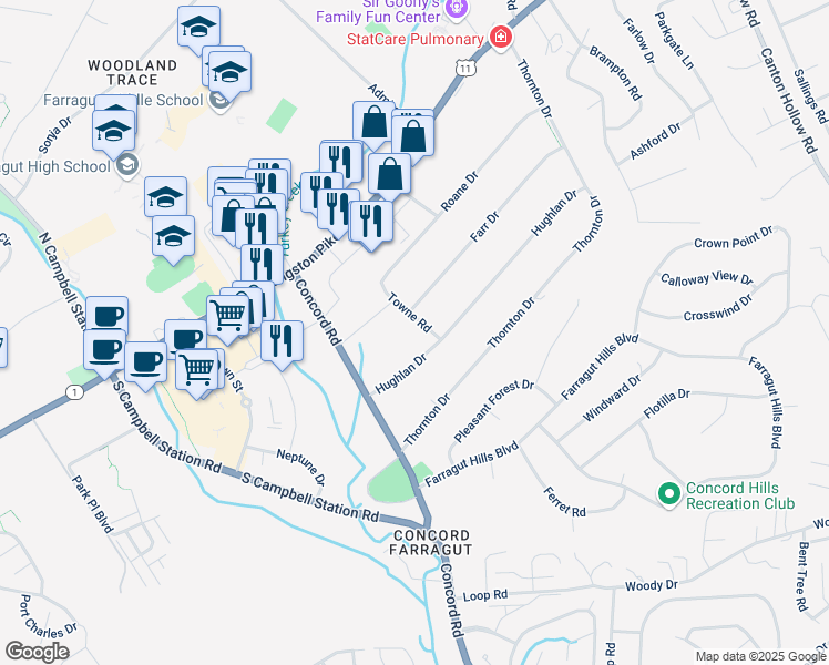 map of restaurants, bars, coffee shops, grocery stores, and more near 216 Towne Road in Knoxville