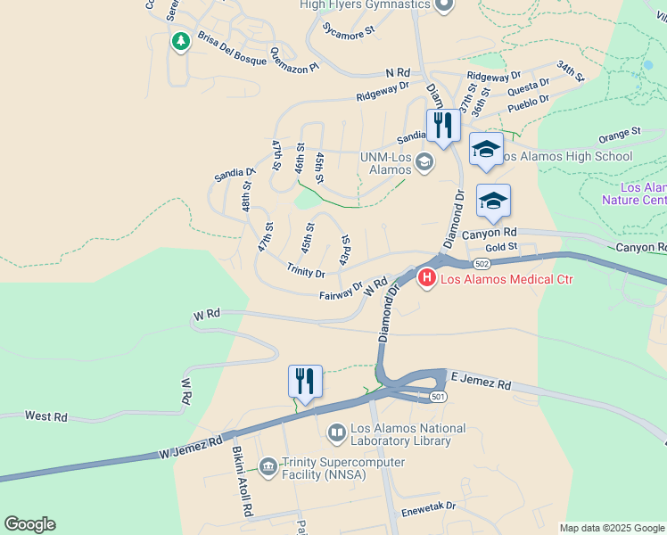 map of restaurants, bars, coffee shops, grocery stores, and more near 717 44th Street in Los Alamos