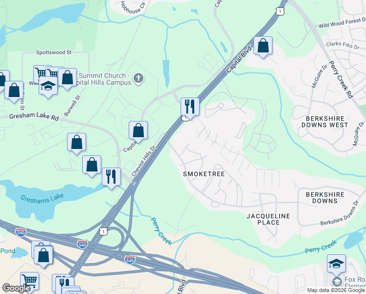 map of restaurants, bars, coffee shops, grocery stores, and more near 7308 Capital Boulevard in Raleigh