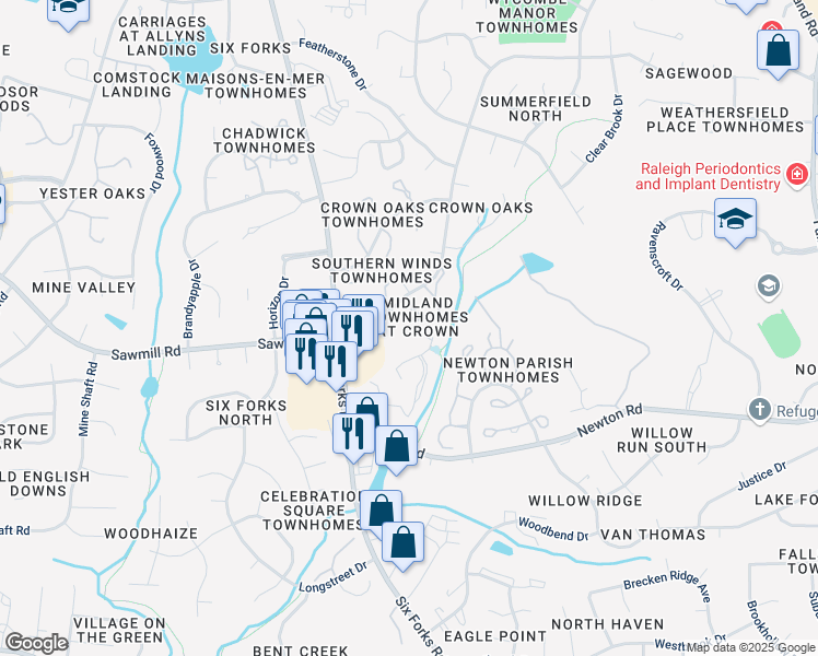 map of restaurants, bars, coffee shops, grocery stores, and more near 7747 Kelley Court in Raleigh