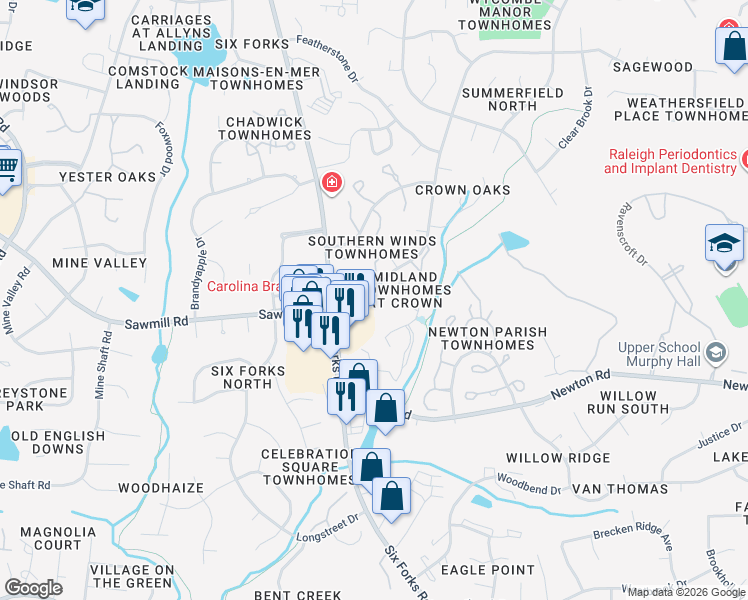 map of restaurants, bars, coffee shops, grocery stores, and more near 7511 Mourning Dove Road in Raleigh