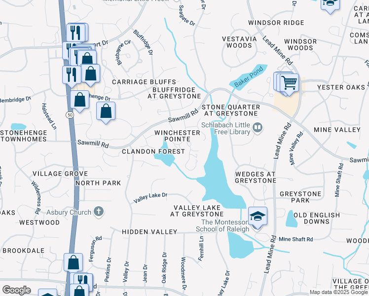 map of restaurants, bars, coffee shops, grocery stores, and more near 7604 The Pointe in Raleigh
