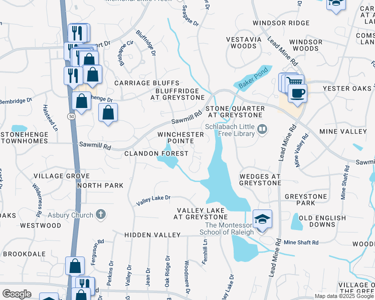 map of restaurants, bars, coffee shops, grocery stores, and more near 7604 The Pointe in Raleigh