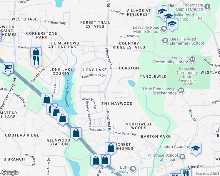 map of restaurants, bars, coffee shops, grocery stores, and more near 7572 Silver View Lane in Raleigh