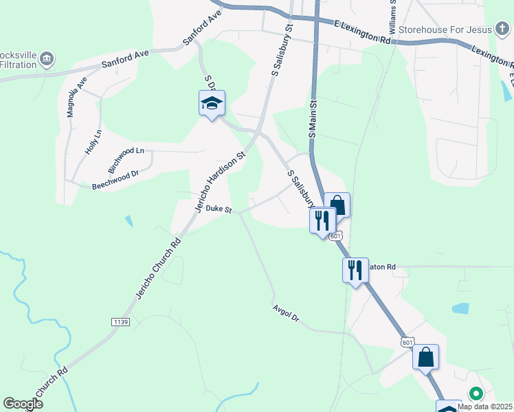 map of restaurants, bars, coffee shops, grocery stores, and more near 207 Duke Street in Mocksville