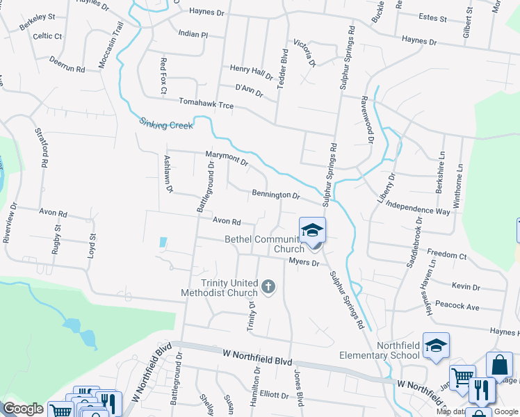 map of restaurants, bars, coffee shops, grocery stores, and more near 2407 Bennington Drive in Murfreesboro