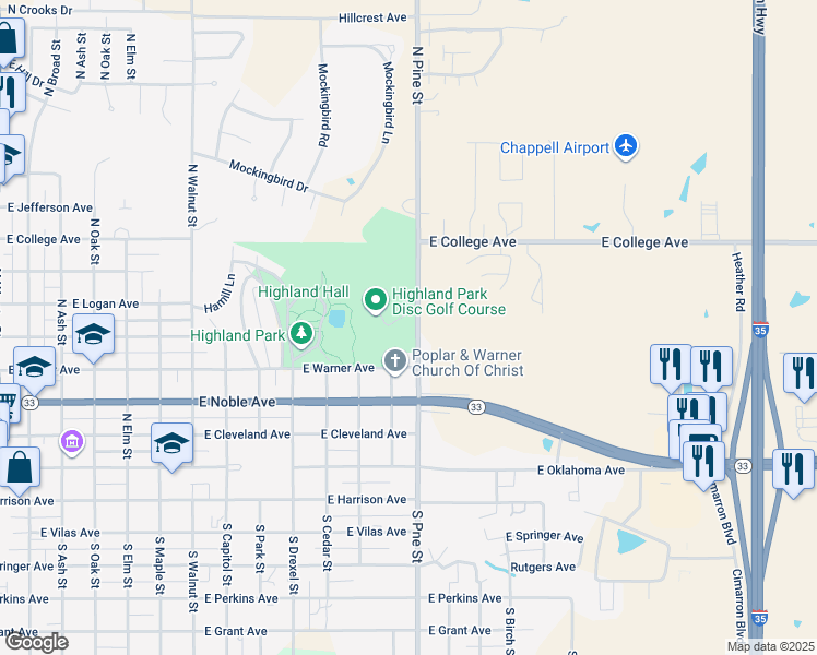 map of restaurants, bars, coffee shops, grocery stores, and more near 501 North Pine Street in Guthrie
