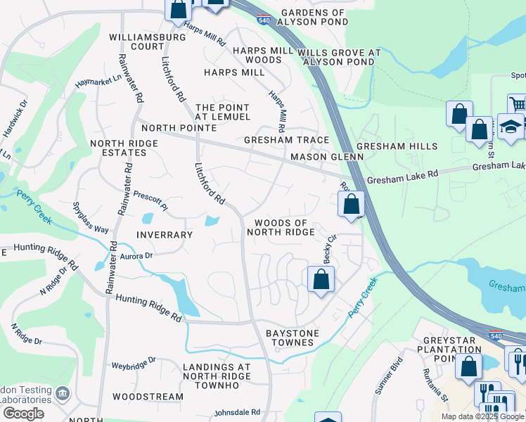 map of restaurants, bars, coffee shops, grocery stores, and more near 7417 New Hampshire Court in Raleigh
