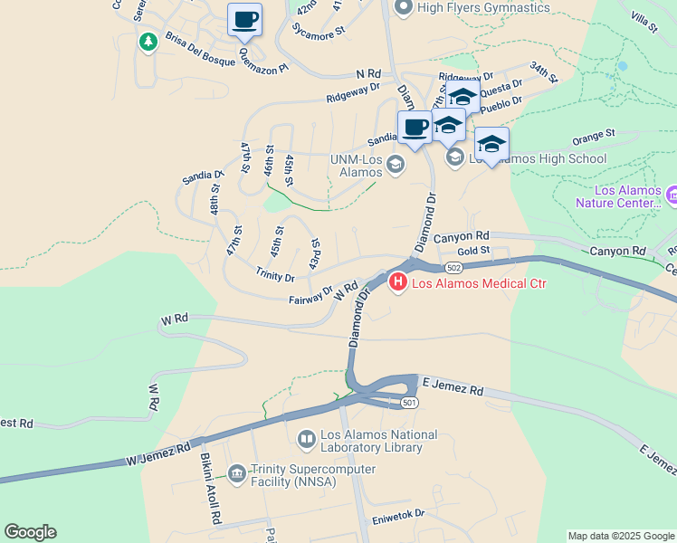 map of restaurants, bars, coffee shops, grocery stores, and more near 718 43rd Street in Los Alamos