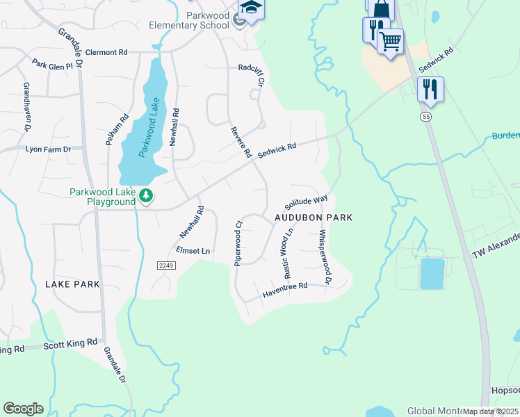 map of restaurants, bars, coffee shops, grocery stores, and more near 1502 Piperwood Court in Durham