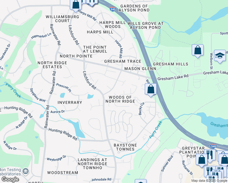 map of restaurants, bars, coffee shops, grocery stores, and more near 7412 New Hampshire Court in Raleigh