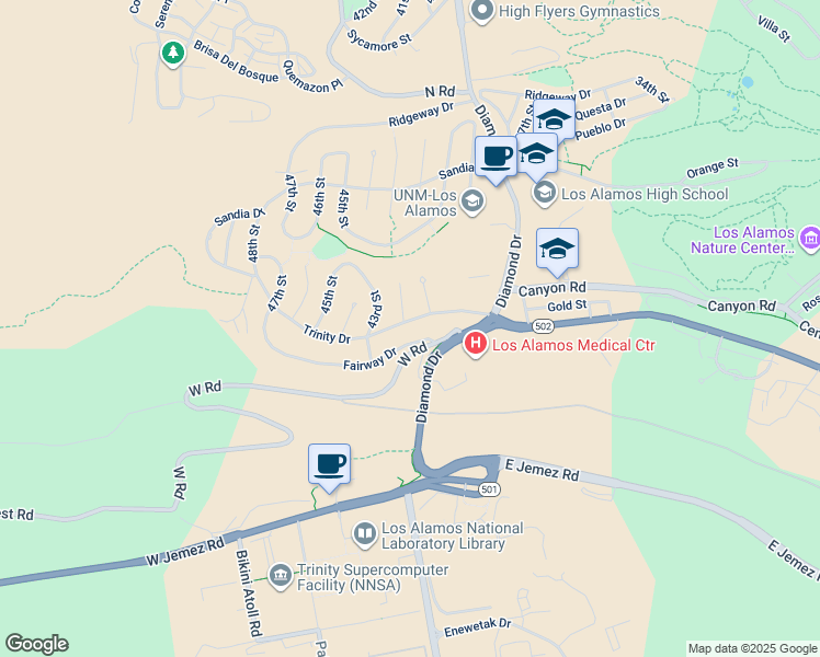 map of restaurants, bars, coffee shops, grocery stores, and more near in Los Alamos