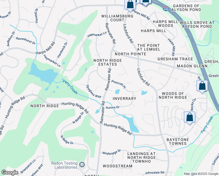 map of restaurants, bars, coffee shops, grocery stores, and more near 7312 Rainwater Road in Raleigh