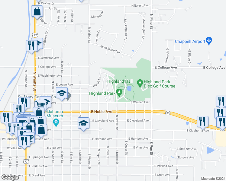map of restaurants, bars, coffee shops, grocery stores, and more near 515 Park Place in Guthrie