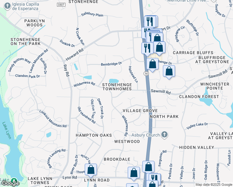 map of restaurants, bars, coffee shops, grocery stores, and more near 2610 Sawmill Road in Raleigh
