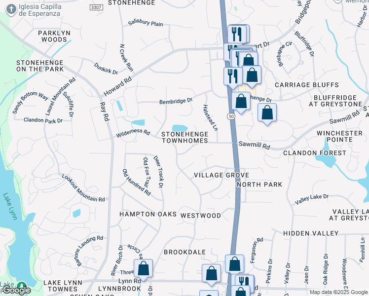 map of restaurants, bars, coffee shops, grocery stores, and more near 2610 Sawmill Road in Raleigh