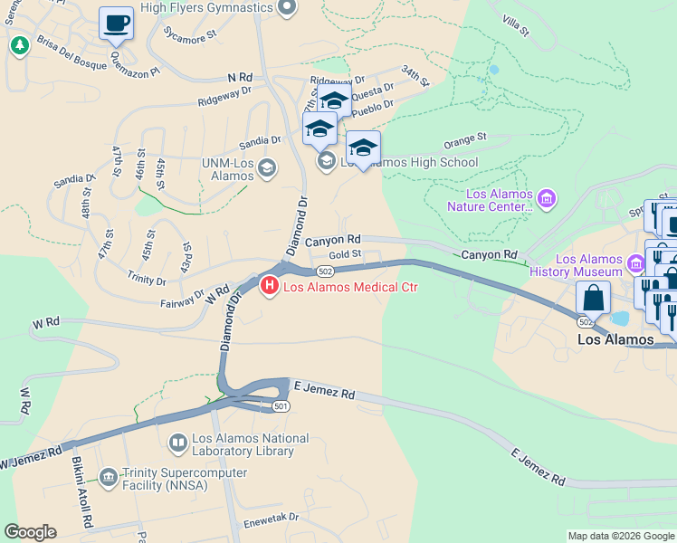 map of restaurants, bars, coffee shops, grocery stores, and more near 3803 Gold Street in Los Alamos