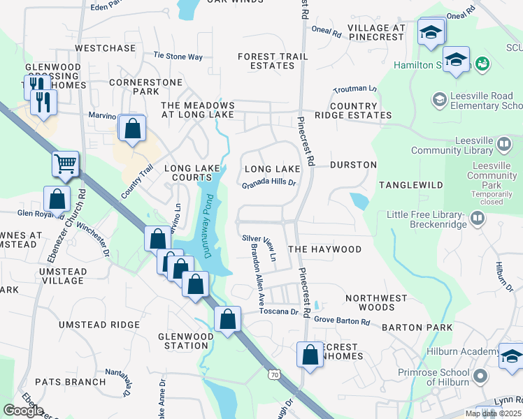 map of restaurants, bars, coffee shops, grocery stores, and more near 7536 Silver View Lane in Raleigh