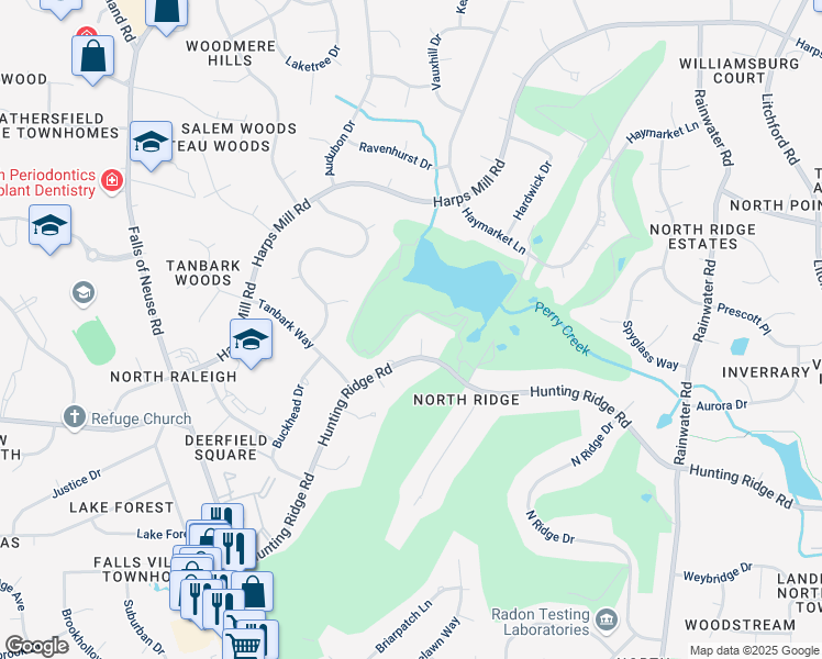 map of restaurants, bars, coffee shops, grocery stores, and more near 7005 Lone Oak Place in Raleigh
