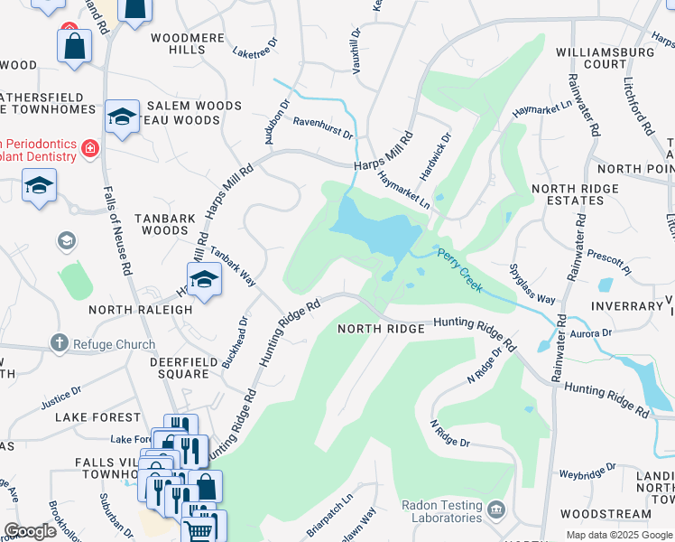 map of restaurants, bars, coffee shops, grocery stores, and more near 7005 Lone Oak Place in Raleigh