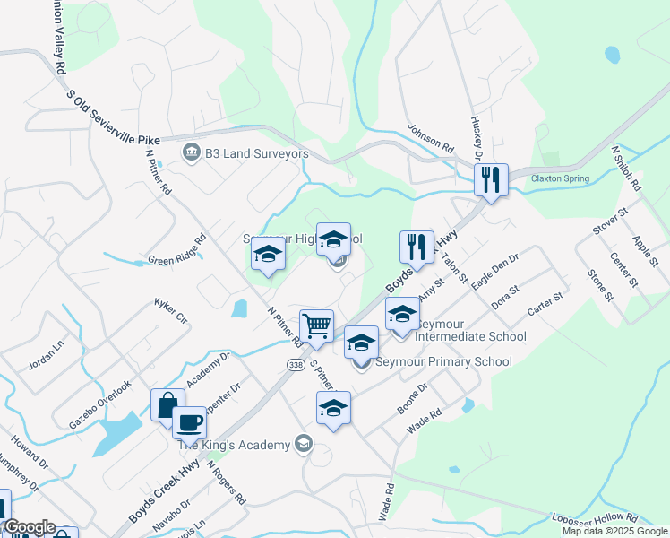 map of restaurants, bars, coffee shops, grocery stores, and more near 732 Boyds Creek Highway in Seymour