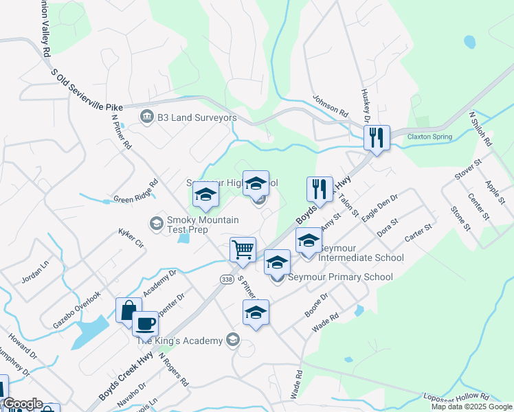 map of restaurants, bars, coffee shops, grocery stores, and more near 732 Boyds Creek Highway in Seymour