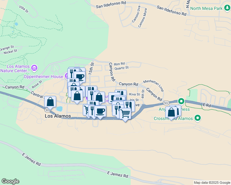 map of restaurants, bars, coffee shops, grocery stores, and more near 1215 7th Street in Los Alamos