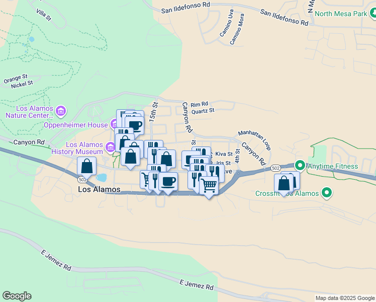 map of restaurants, bars, coffee shops, grocery stores, and more near 1075 Myrtle Street in Los Alamos