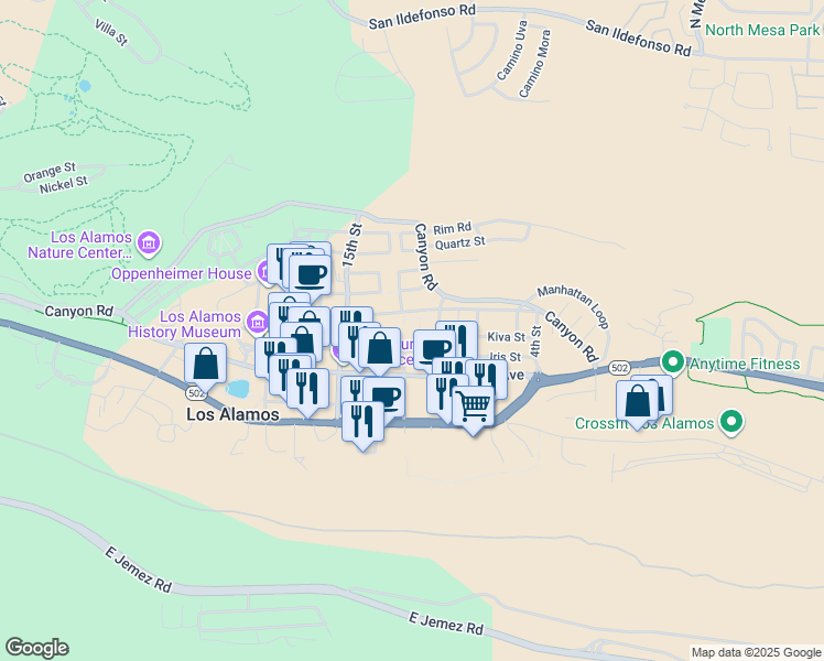 map of restaurants, bars, coffee shops, grocery stores, and more near 1075 Myrtle Street in Los Alamos