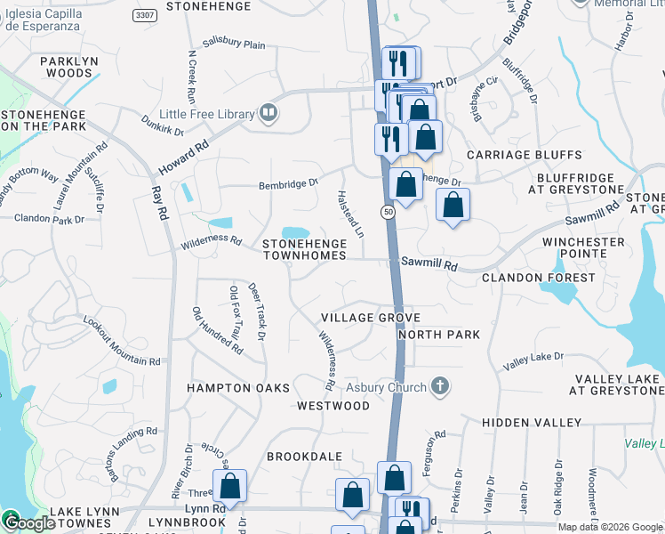 map of restaurants, bars, coffee shops, grocery stores, and more near 7600 Trowbridge Court in Raleigh