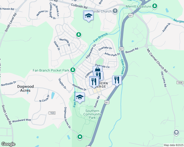 map of restaurants, bars, coffee shops, grocery stores, and more near 401 Copperline Drive in Chapel Hill