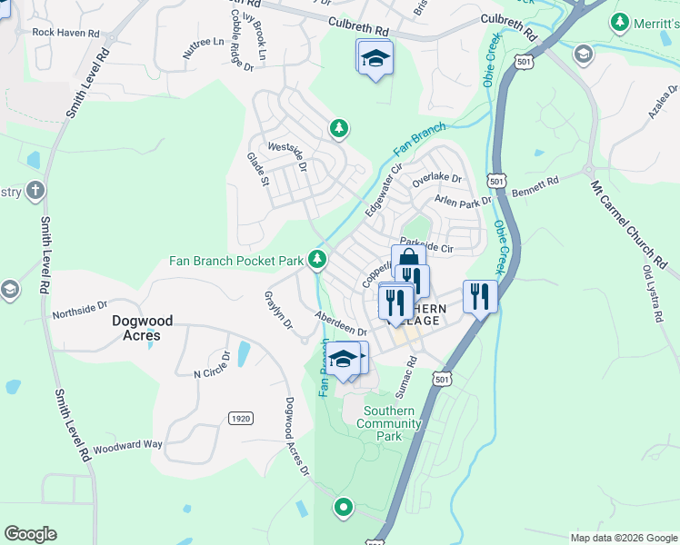 map of restaurants, bars, coffee shops, grocery stores, and more near 905 Edgewater Circle in Chapel Hill