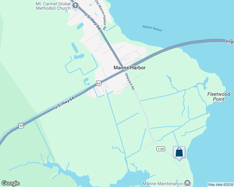 map of restaurants, bars, coffee shops, grocery stores, and more near 7636 Shipyard Road in Manns Harbor