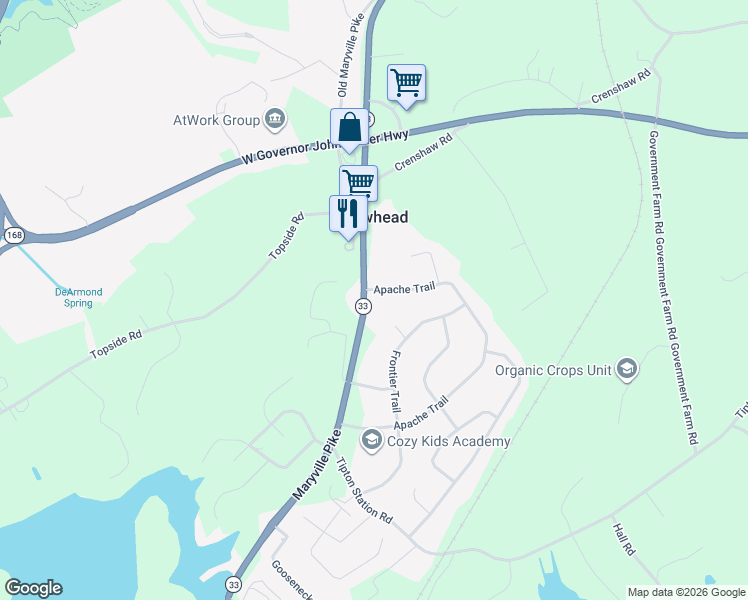 map of restaurants, bars, coffee shops, grocery stores, and more near 6001 Apache Trail in Knoxville