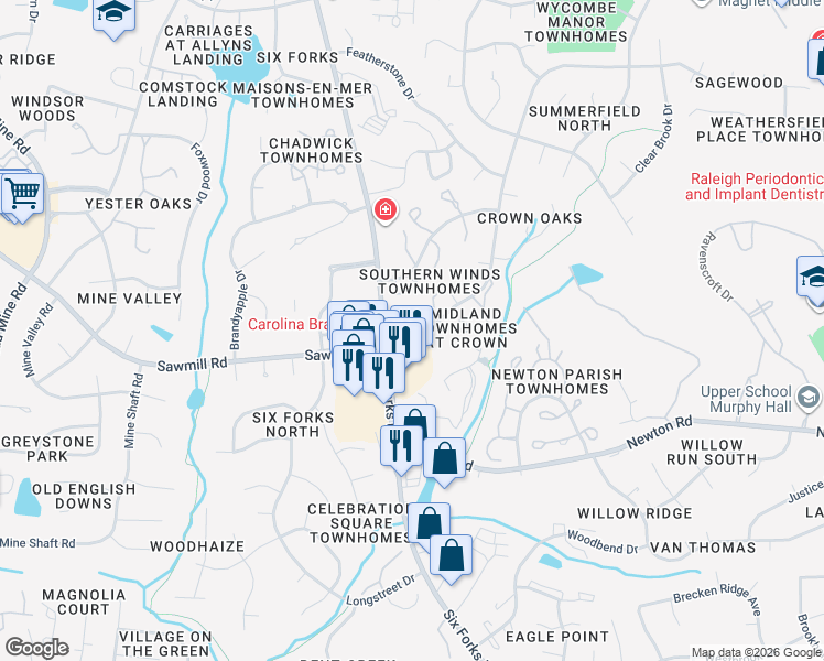 map of restaurants, bars, coffee shops, grocery stores, and more near 7511 Mourning Dove Road in Raleigh
