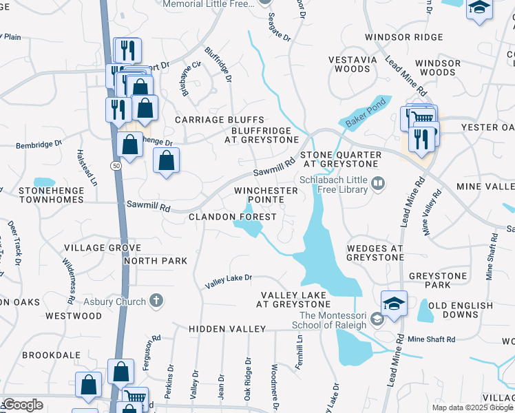 map of restaurants, bars, coffee shops, grocery stores, and more near 7525 Wellesley Park South in Raleigh