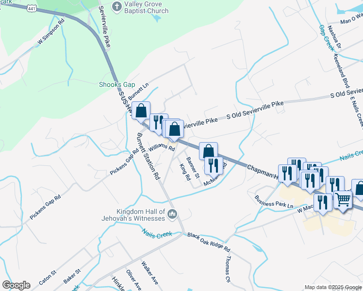 map of restaurants, bars, coffee shops, grocery stores, and more near 10243 Chapman Highway in Seymour