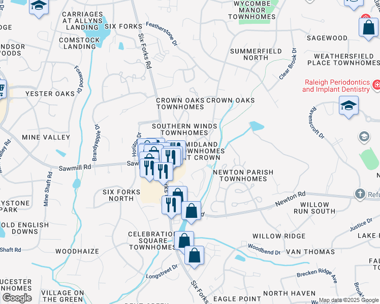 map of restaurants, bars, coffee shops, grocery stores, and more near 7736 Bernadette Lane in Raleigh