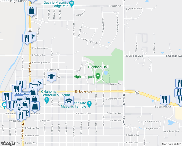 map of restaurants, bars, coffee shops, grocery stores, and more near 515 Park Place in Guthrie