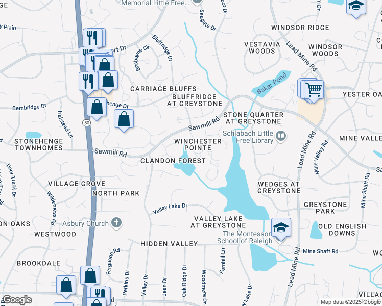 map of restaurants, bars, coffee shops, grocery stores, and more near 7525 Wellesley Park South in Raleigh