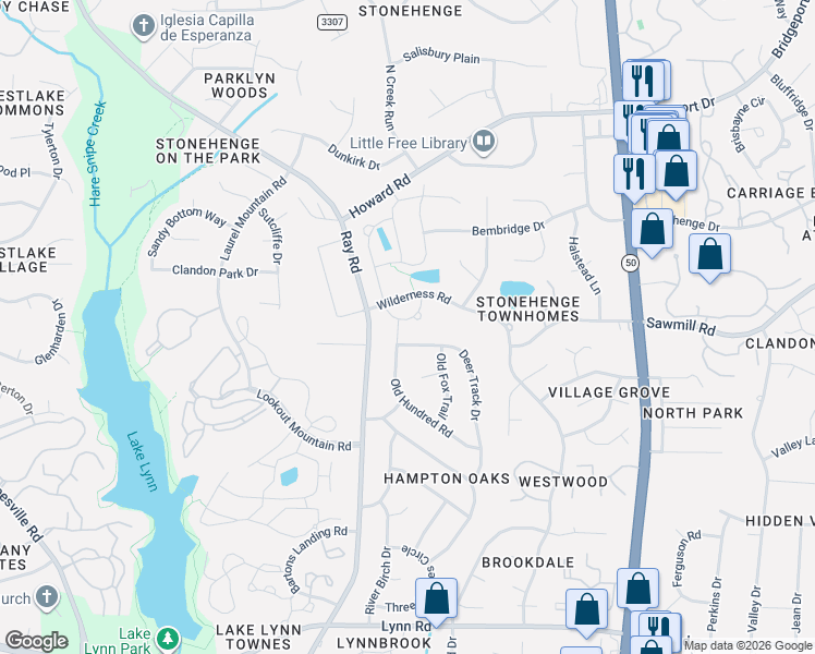 map of restaurants, bars, coffee shops, grocery stores, and more near 7425 Stonehenge Farm Lane in Raleigh