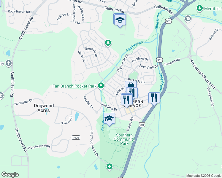 map of restaurants, bars, coffee shops, grocery stores, and more near 402 Brookgreen Drive in Chapel Hill