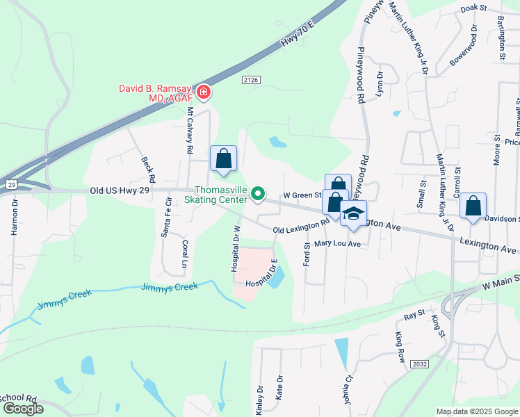 map of restaurants, bars, coffee shops, grocery stores, and more near Holliman Street in Thomasville