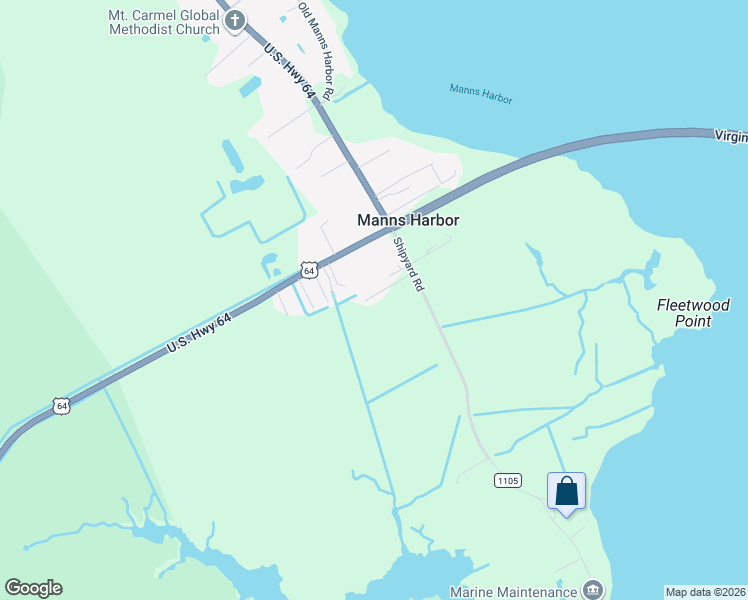 map of restaurants, bars, coffee shops, grocery stores, and more near 7636 Shipyard Road in Manns Harbor