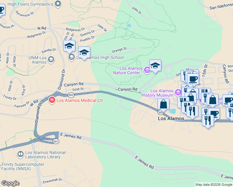 map of restaurants, bars, coffee shops, grocery stores, and more near 3250 Trinity Drive in Los Alamos
