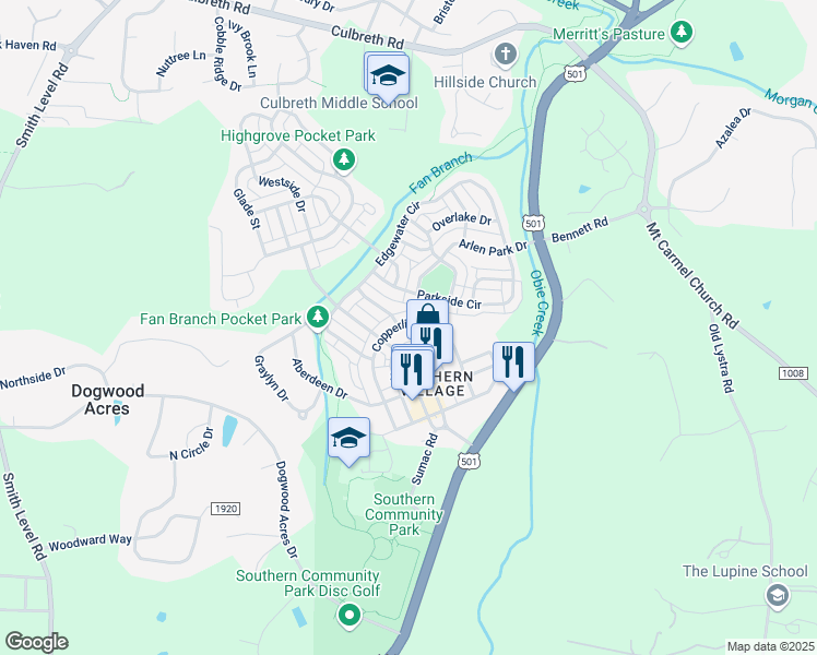 map of restaurants, bars, coffee shops, grocery stores, and more near 401 Copperline Drive in Chapel Hill